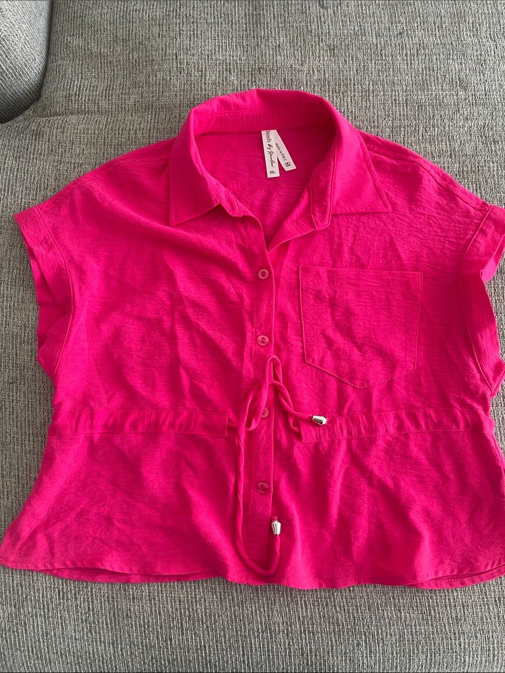Lady Hagen Short-Sleeve Button-Front Drawstring Top — Hot Pink